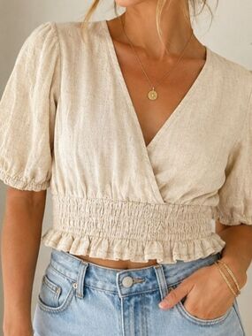 Sim & Sam Cotton Blend Smocked Crop Top Cream Boho Puff Sleeve Cottagecore Sz M